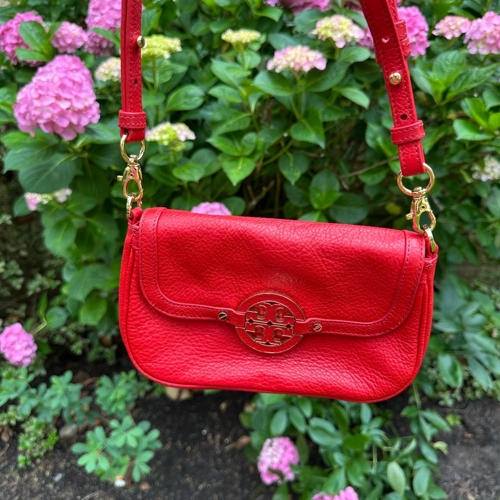 Tory Burch Red and Gold leather Shoulder Bag with Structured Design